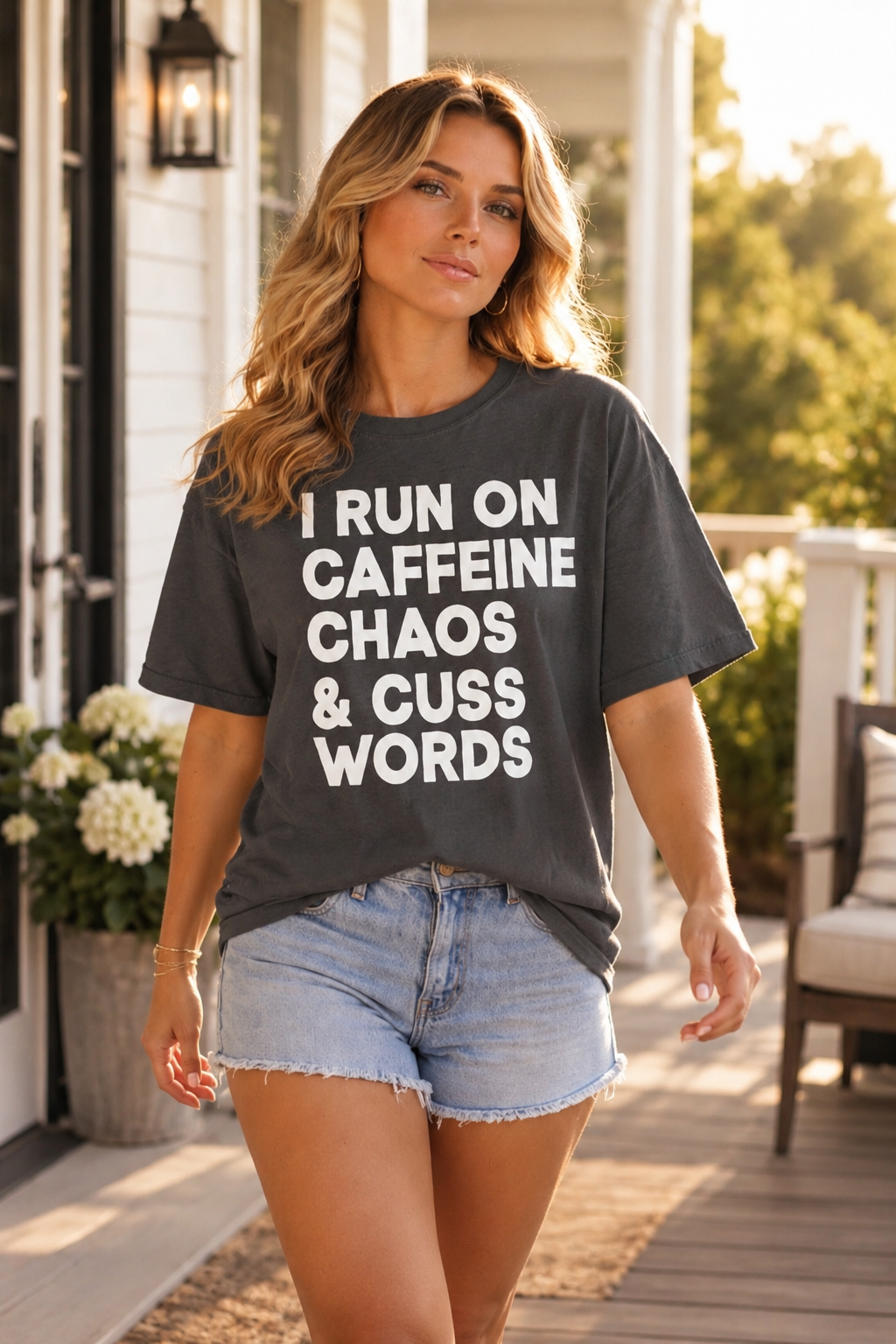 I Run on Caffeine, Chaos, and Cuss Words Comfort Colors Single Sided Tee